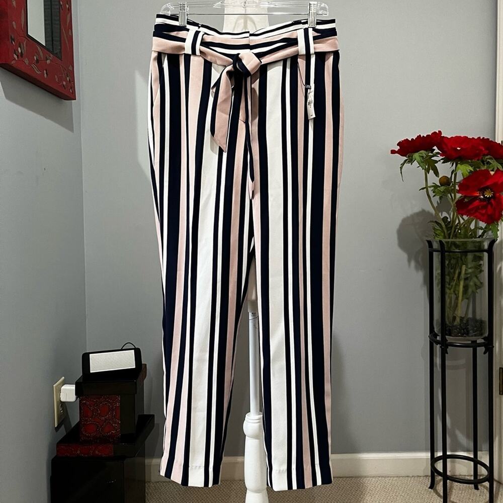 NEW Express Striped Belted Ankle High Rise High Waisted Sash Trouser Pants 8 NWT